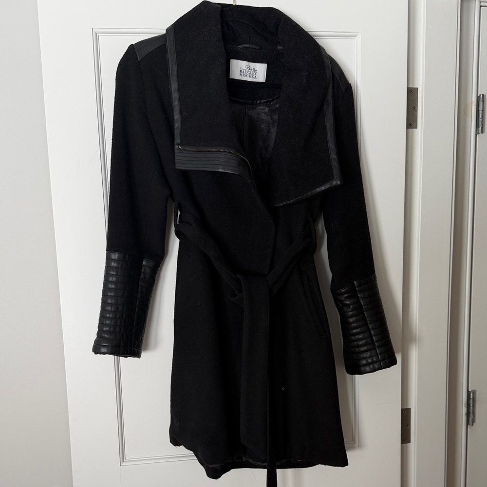Badgley Mischka Black Trench Coat with Vegan Leather Accents